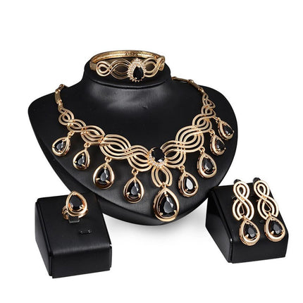 Exaggerated Diamond Black Resin Gold Necklace Earring Ring Bracelet Ornament Set