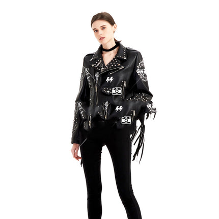 Graffiti Printed Rivet Slim Short Women Leather Jacket