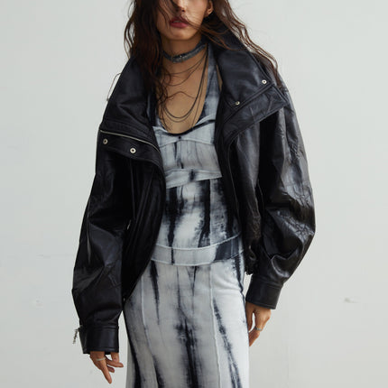 Retro Quiet Luxury Detachable Large Fur Collar Leather Jacket