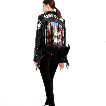 Graffiti Printed Rivet Slim Short Women Leather Jacket