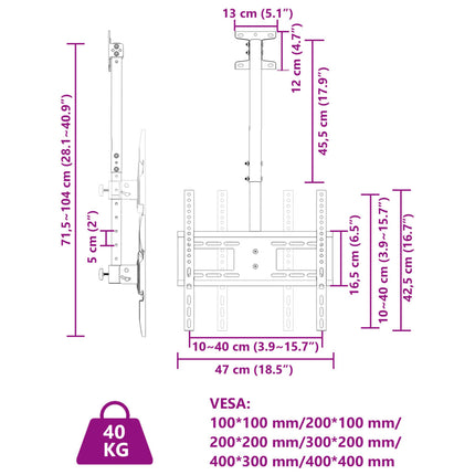 TV ceiling mount for 32-65 inch screens, max VESA 400x400, 30kg
