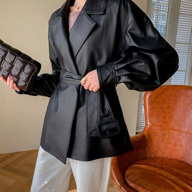 All-match Loose Belt Small Leather Jacket