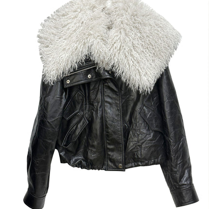 Retro Quiet Luxury Detachable Large Fur Collar Leather Jacket