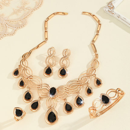 Exaggerated Diamond Black Resin Gold Necklace Earring Ring Bracelet Ornament Set