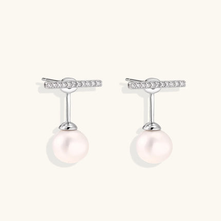 Rhodium-plated sterling silver ear jacket earrings with diamond-set horizontal bar and freshwater pearl drop