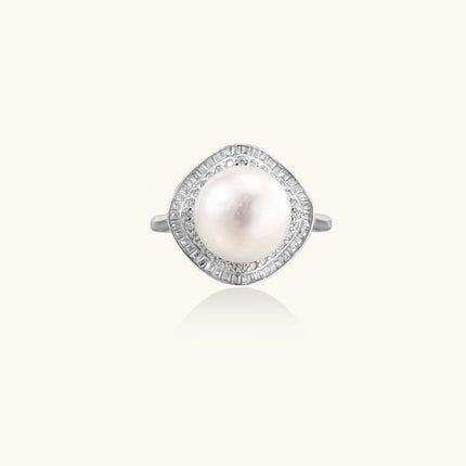 Rhodium-plated silver ring with round pearl center, double halo of baguette and round crystals forming cushion shape