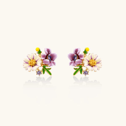 Cluster-style stud earrings with purple pansies, white daisies, yellow centers, and green leaves in glossy enamel finish
