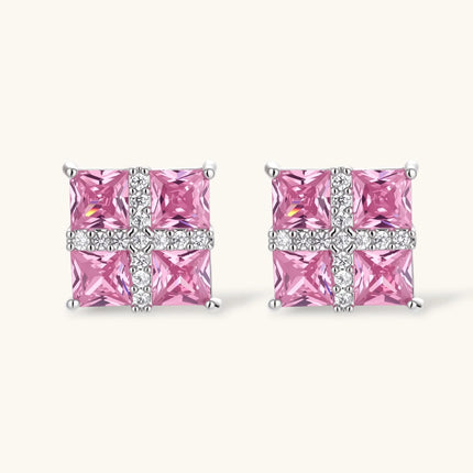 White gold plated jewelry set with pink cubic zirconia stones in geometric cross design, featuring Y-necklace and square stud earrings