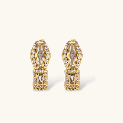 Gold-plated necklace with geometric diamond segments and matching huggie earrings featuring cubic zirconia details