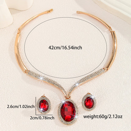 Gold Zinc Alloy Inlaid White Rhinestone Red Crystal Necklace And Earrings Suite