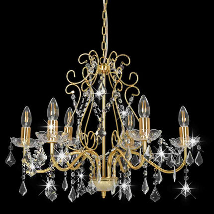 Chandelier with Crystal Beads, Golden, Round, 6 x E14