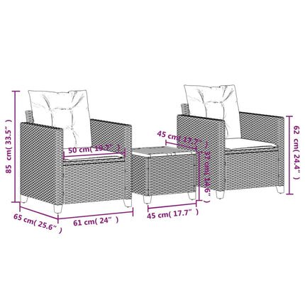 3-teiliges Bistro-Set mit Kissen, Polyrattan, Akazienholz