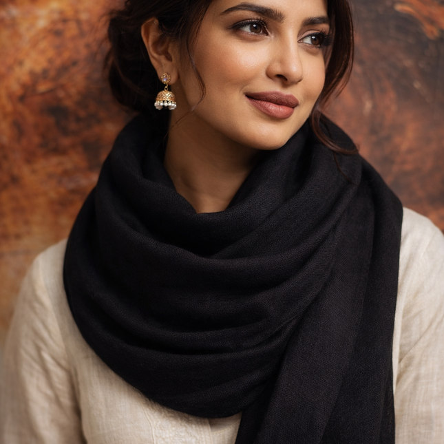 Woman wearing a black 100% pure cashmere Kashmiri Pashmina shawl draped around neck.