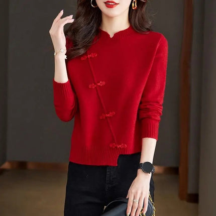 Red Thickened Knit Sweater New Irregular Temperament