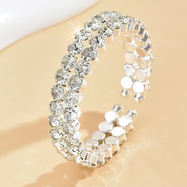 Elastic Bracelet Double Row Large Rhinestone Jewelry Wide Opening