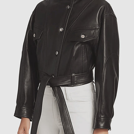 Soft Waxy Wool Kid Leather Belted Denim Jacket