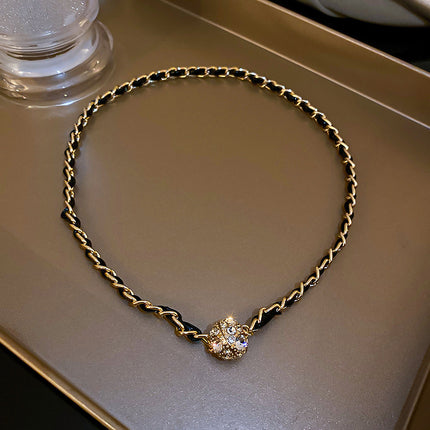 Retro Elegant Leather Winding Chain Diamond Magnetic Necklace