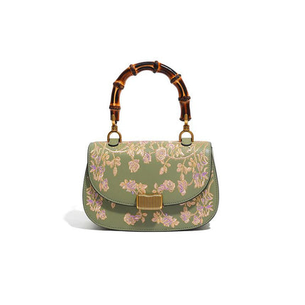 Cowhide Embroidery Ladies Bamboo Handbag