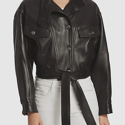 Soft Waxy Wool Kid Leather Belted Denim Jacket