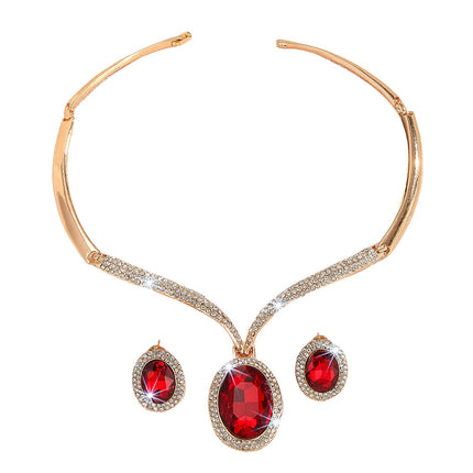 Gold Zinc Alloy Inlaid White Rhinestone Red Crystal Necklace And Earrings Suite