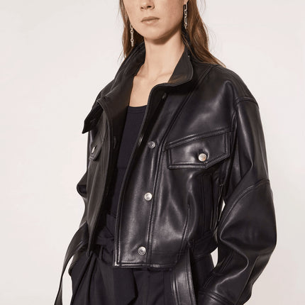 Soft Waxy Wool Kid Leather Belted Denim Jacket