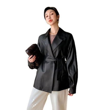All-match Loose Belt Small Leather Jacket