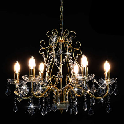 Chandelier with Crystal Beads, Golden, Round, 6 x E14