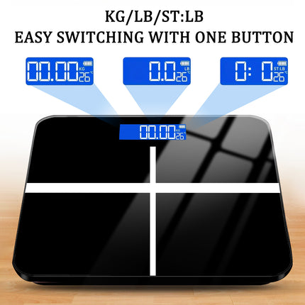 Electronic weight scale with blue LCD display showing 0.00, switchable kg/lb, 396-lb capacity, durable and safe.