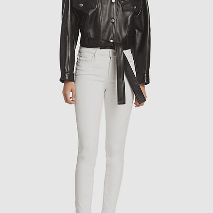 Soft Waxy Wool Kid Leather Belted Denim Jacket