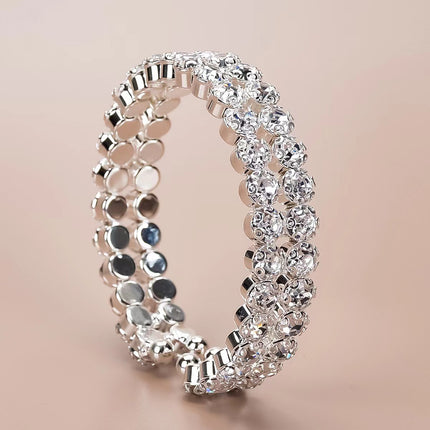 Elastic Bracelet Double Row Large Rhinestone Jewelry Wide Opening