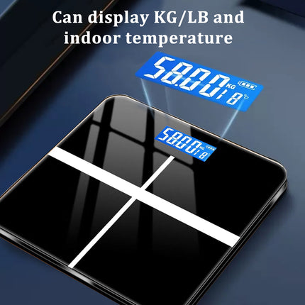 Electronic digital scale with blue LCD KG/LB readout and temperature display on a platform; 396-lb capacity.