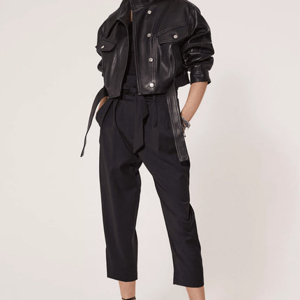 Soft Waxy Wool Kid Leather Belted Denim Jacket