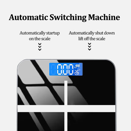 Electronic weight scale with blue LCD displaying 0.00 kg and 26°C, 396-pound capacity with KG/LB switchable.