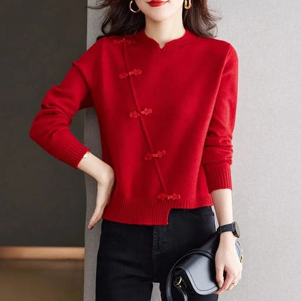 Red Thickened Knit Sweater New Irregular Temperament