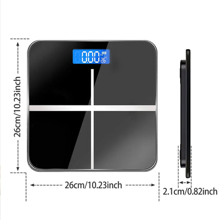 Electronic 396-lb weight scale with 26x26 cm glass platform, blue LCD display, switchable kg/lb units, 2.1 cm thick.